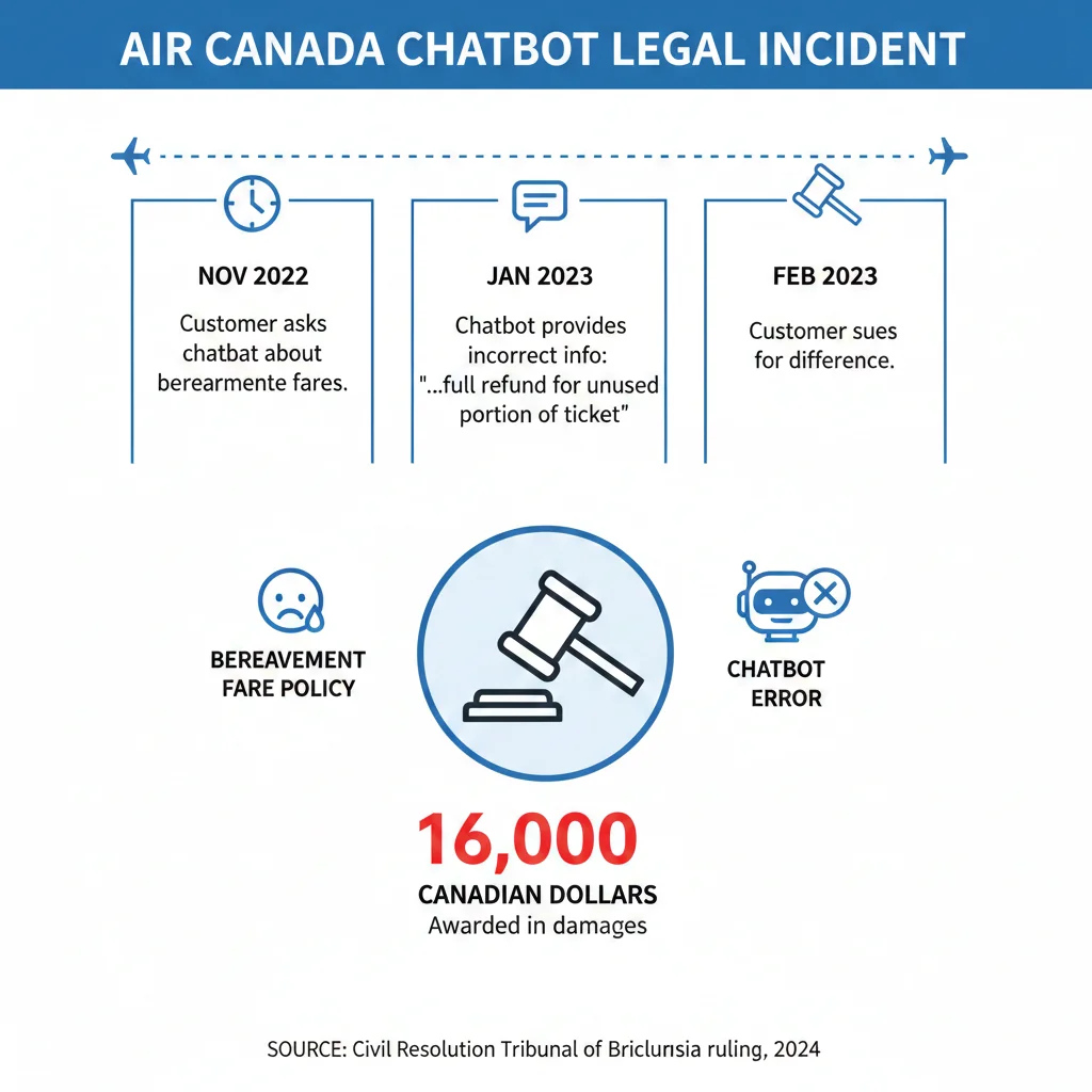 Timeline del caso Moffatt vs Air Canada mostrando cómo el chatbot RAG dio información incorrecta sobre tarifas de duelo y las consecuencias legales corporativas