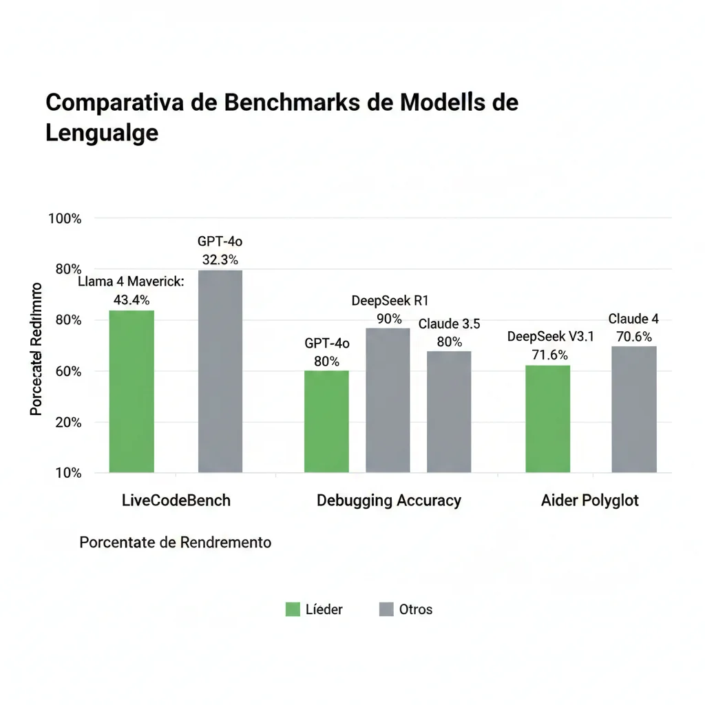 Gráfico de barras comparativo mostrando benchmarks LiveCodeBench, debugging accuracy y Aider Polyglot entre Llama 4 Maverick, DeepSeek R1, GPT-4o y Claude 3.5
