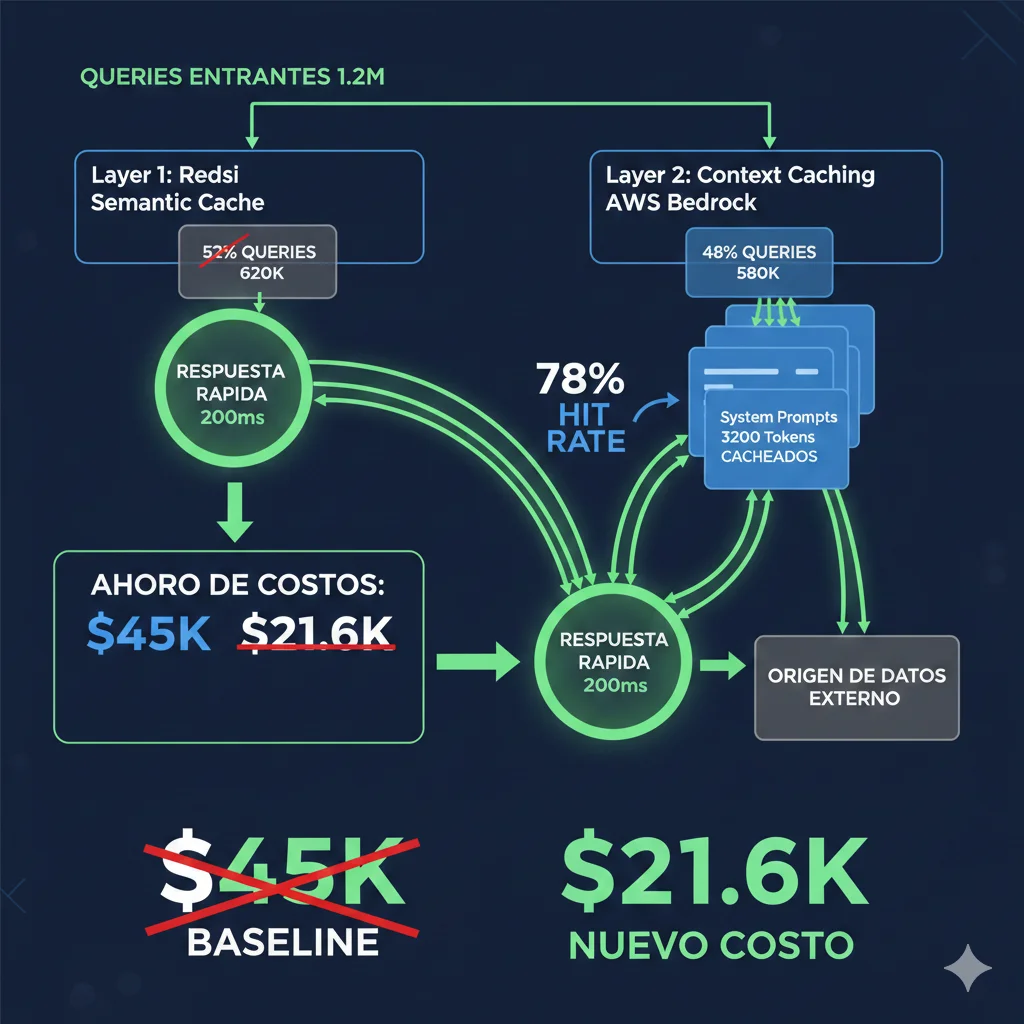 Arquitectura Mes 2 mostrando dual-layer caching: Layer 1 semantic cache Redis intercepta 52% queries, Layer 2 context caching Bedrock cachea system prompts en 78% restantes