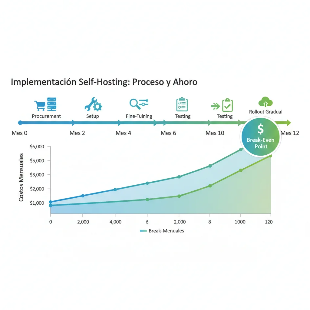 Timeline mostrando proceso implementación self-hosting con hitos clave y gráfico de costos bajando de 52000 a 6200