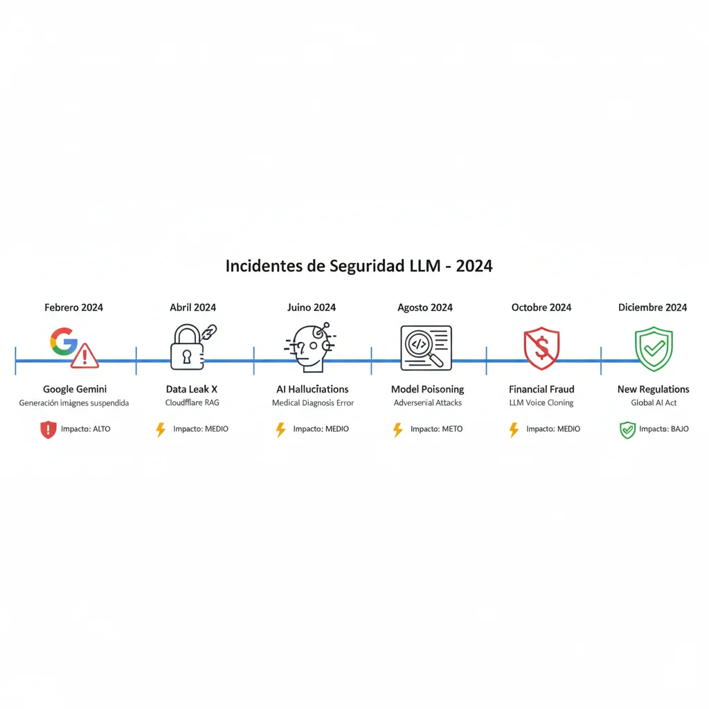 Línea de tiempo visual de los principales fallos de LLM en 2024: Character.AI, concesionario de autos, Google Gemini, Microsoft Copilot con costes e impactos