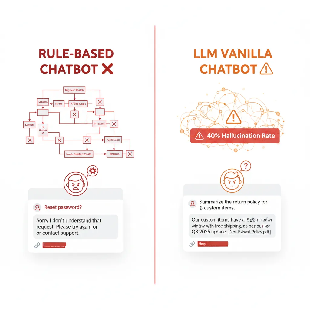 Comparación visual de problemas en chatbots tradicionales rule-based vs LLM vanilla mostrando hallucinations, respuestas genéricas y escalabilidad limitada