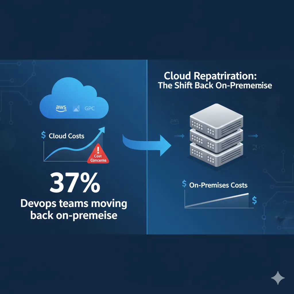 Gráfico de línea mostrando tendencia de repatriación cloud: años 2020-2025 con porcentaje de empresas considerando repatriation creciendo de 15% en 2020 a 83% en 2025, incluir iconos de servidores on-premise vs cloud, colores azul para cloud y verde para on-premise