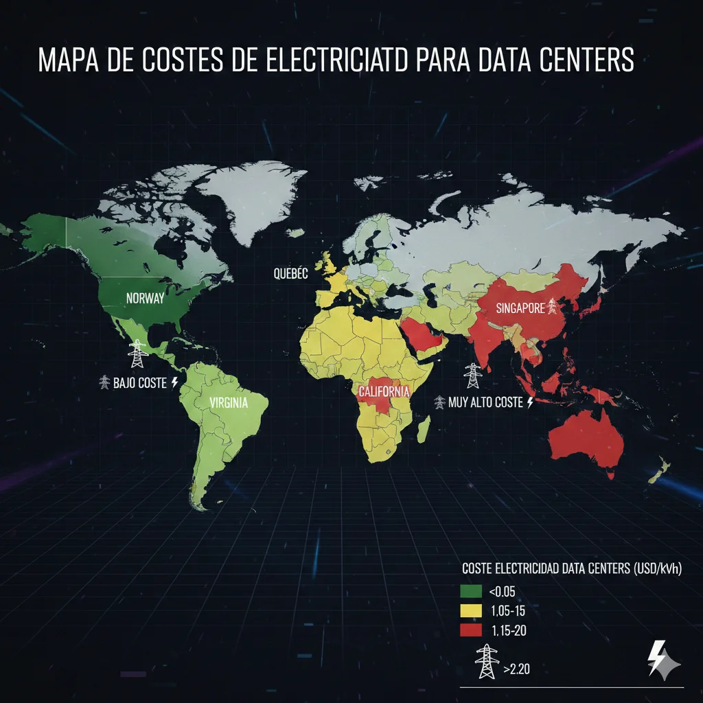 Mapa mundial con código de colores mostrando costes de electricidad para data centers por región: verde para bajo coste (Nórdicos, Quebec, Oregon), amarillo para medio (Frankfurt, Iowa), rojo para alto coste (Virginia, Singapur, California)