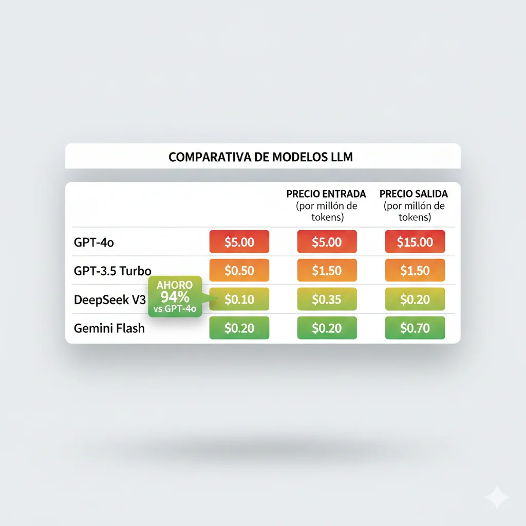 Infografía comparativa de precios LLM 2025 mostrando GPT-4 Turbo Claude Sonnet GPT-4o Mini Gemini Flash y DeepSeek con diferencias de precio destacadas