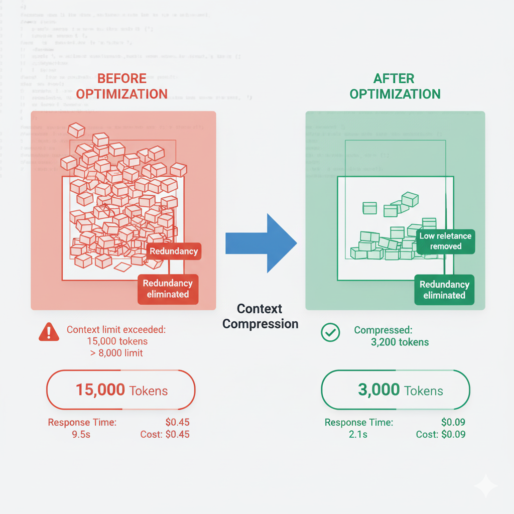 Comparativa visual context compression: 15 docs 8500 tokens vs 5 docs 2100 tokens compressed