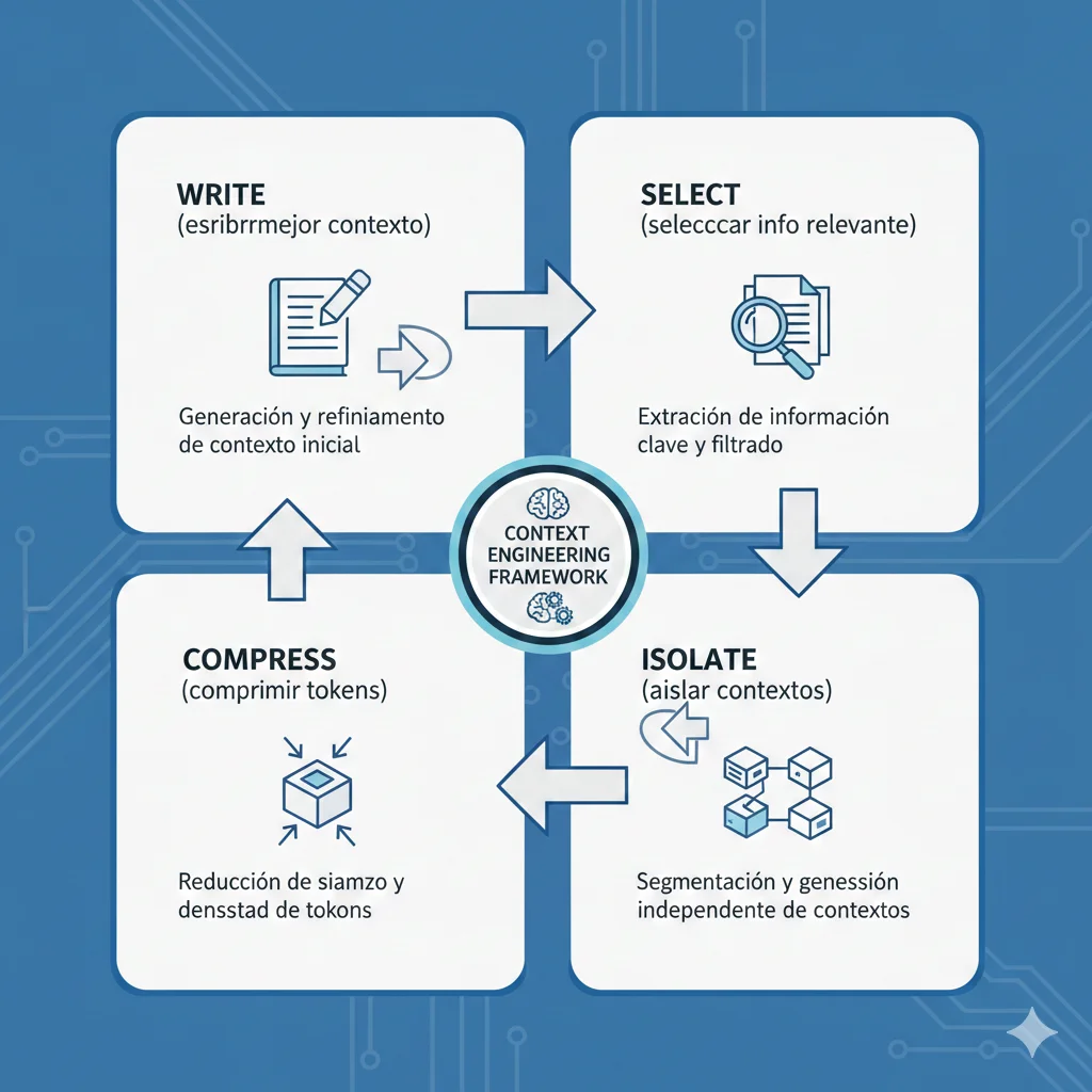 Diagrama del framework de Context Engineering mostrando las 4 estrategias: Write (guardar contexto fuera), Select (recuperar dinámicamente), Compress (retener solo lo necesario), Isolate (dividir para mejor gestión)