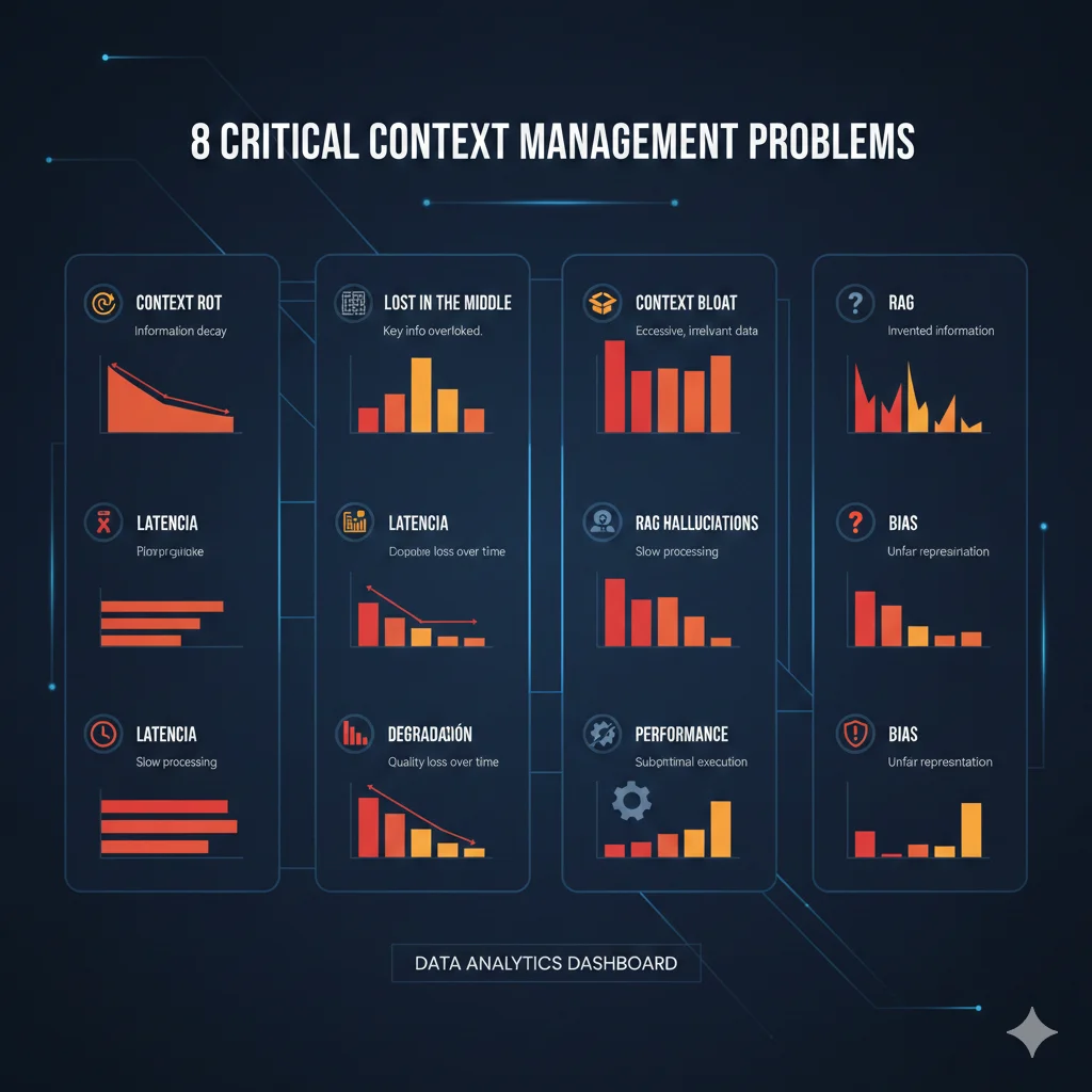 Infografía mostrando los 8 problemas críticos de context management: context rot, lost in the middle, context bloat, working memory overload, RAG hallucinations, token limit crashes, quality degradation y lack of frameworks