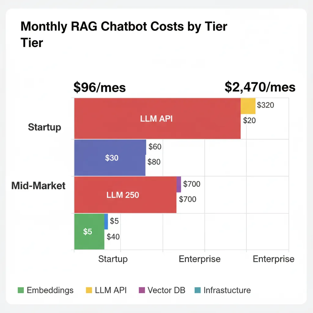 Gráfico de barras comparando costes mensuales de chatbot RAG para Startup ($96), Mid-Market ($605) y Enterprise ($2,470) desglosados por componente