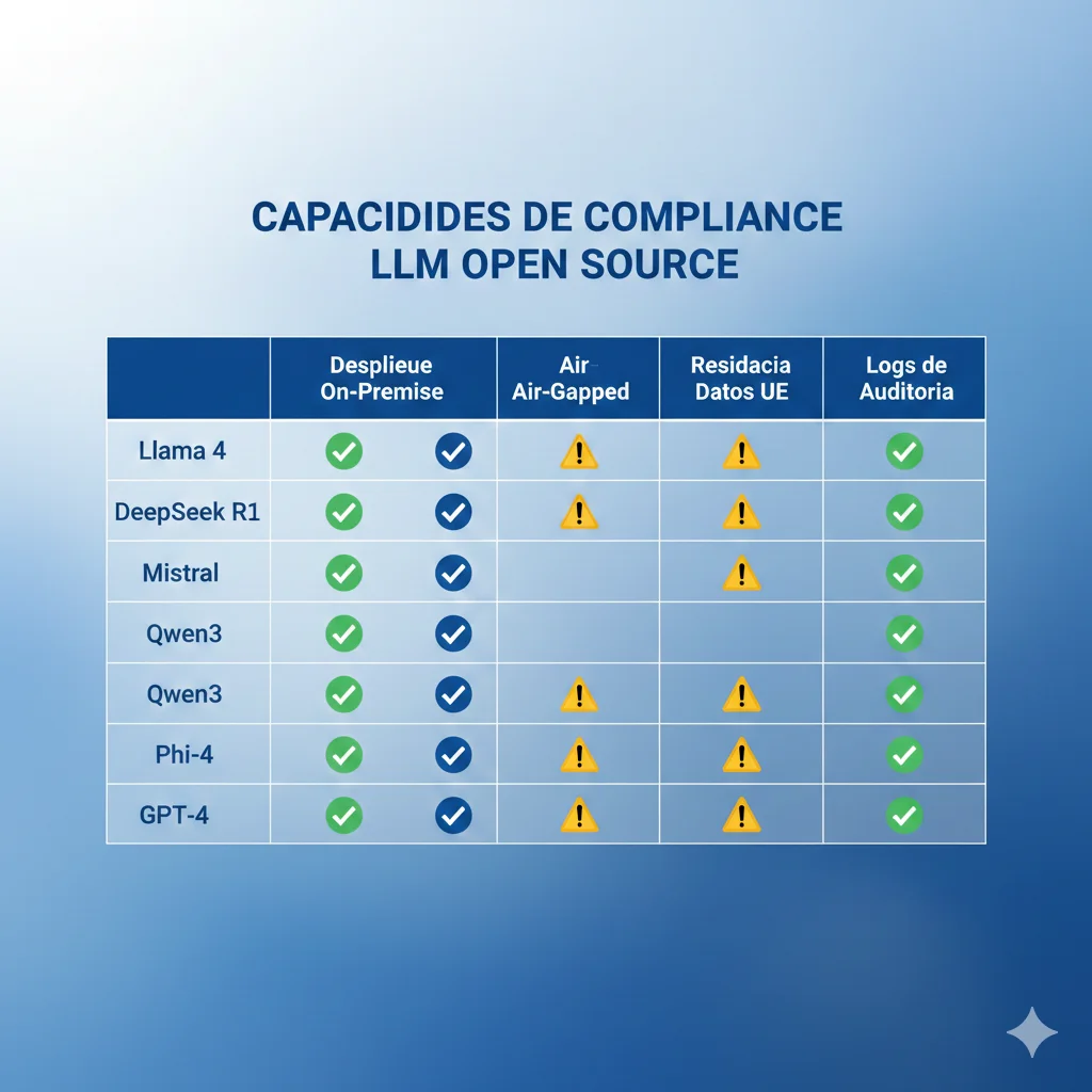 Matriz visual de compliance mostrando capacidades on-premise, air-gapped y residencia de datos para 7 modelos LLM open source comparados con GPT-4