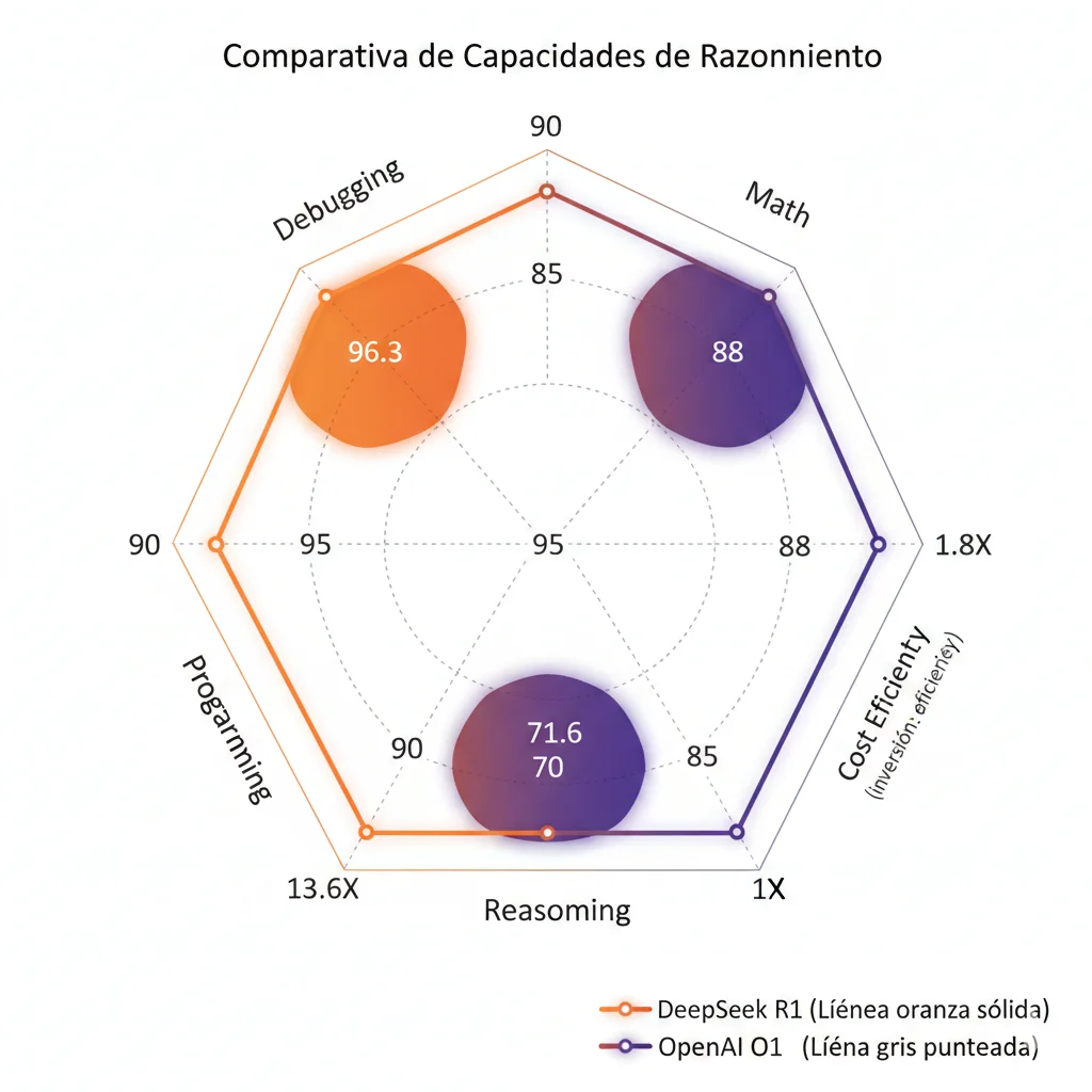 Diagrama de radar comparando capacidades de reasoning entre DeepSeek R1 (90 por ciento debugging, 96.3 percentile Codeforces) y OpenAI o1 (80 por ciento debugging) con colores naranja y morado