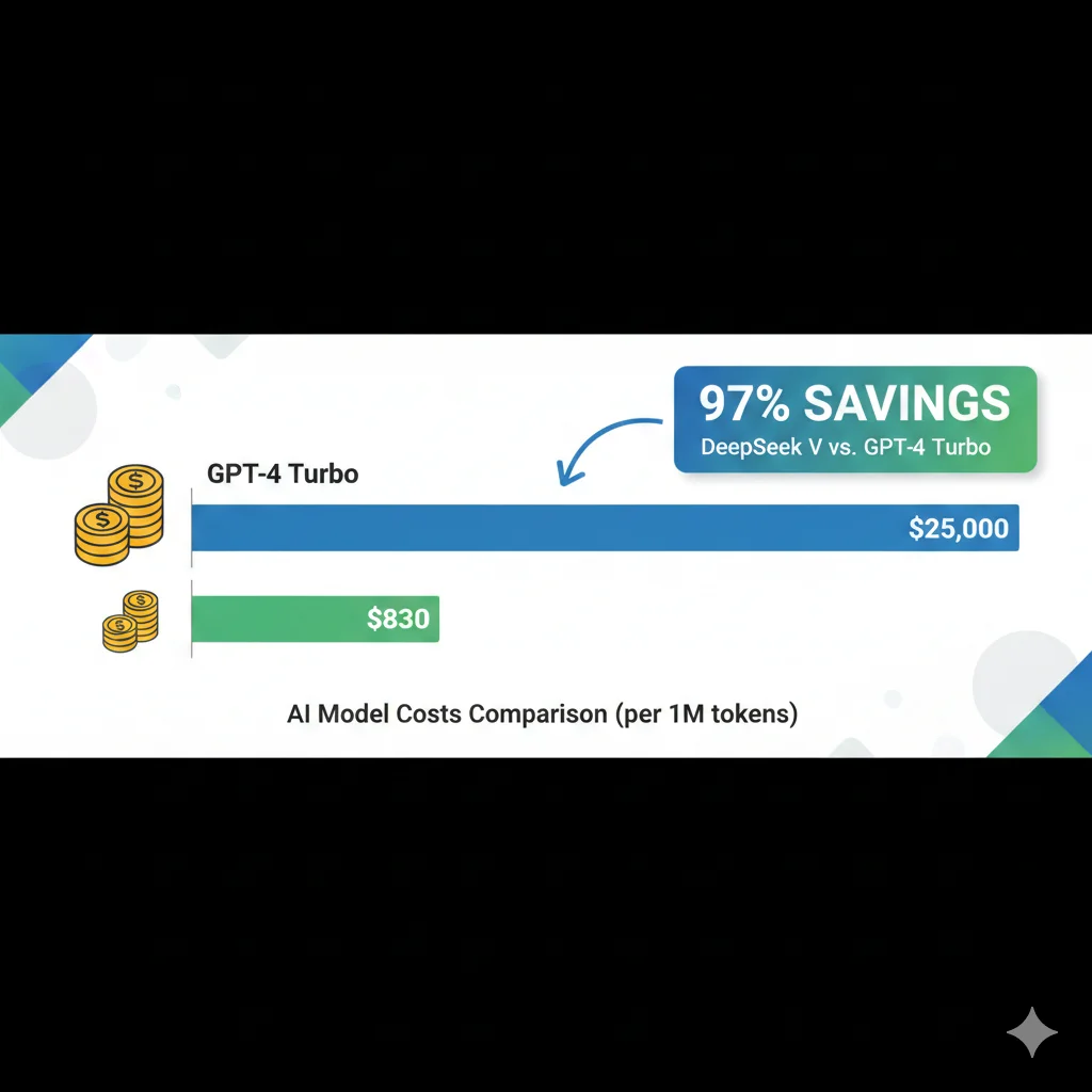 Gráfico de barras mostrando dramática diferencia de precio 30x entre GPT-4 Turbo y DeepSeek V3 con porcentaje de ahorro destacado