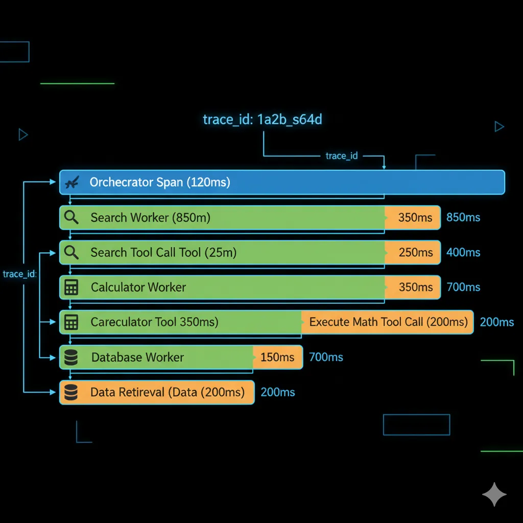 Diagrama distributed tracing mostrando trace ID propagándose a través de orchestrator span que contiene múltiples worker spans anidados, cada uno con tool call child spans, timeline horizontal con durations, color-coded por agent type