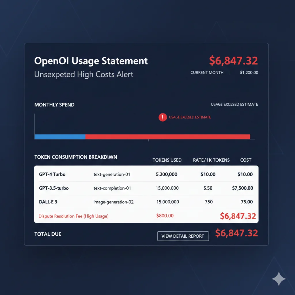 Ejemplo de factura OpenAI mostrando incremento inesperado de costos de 1200 a 6847 mensuales con alertas en rojo