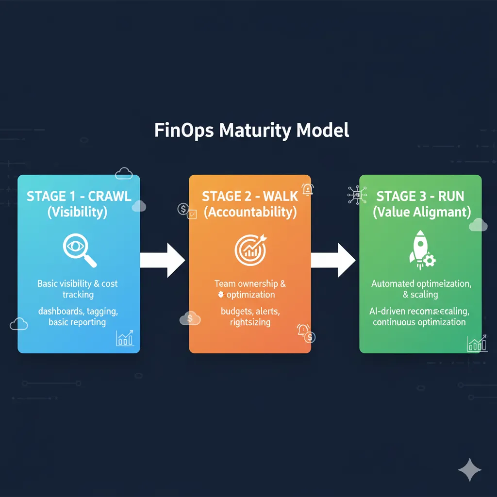Diagrama framework FinOps maturity model adaptado AI machine learning mostrando 3 fases Crawl visibility Walk accountability Run value alignment con milestones específicos workloads LLM GPU