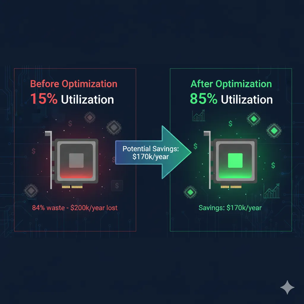 Diagrama comparativo de utilización GPU mostrando barra horizontal dividida: 15% utilizado en verde brillante, 85% idle en rojo oscuro, vs barra optimizada con 85% verde y 15% idle gris, incluir ícono de NVIDIA GPU, métricas de costo por hora, estilo dashboard profesional