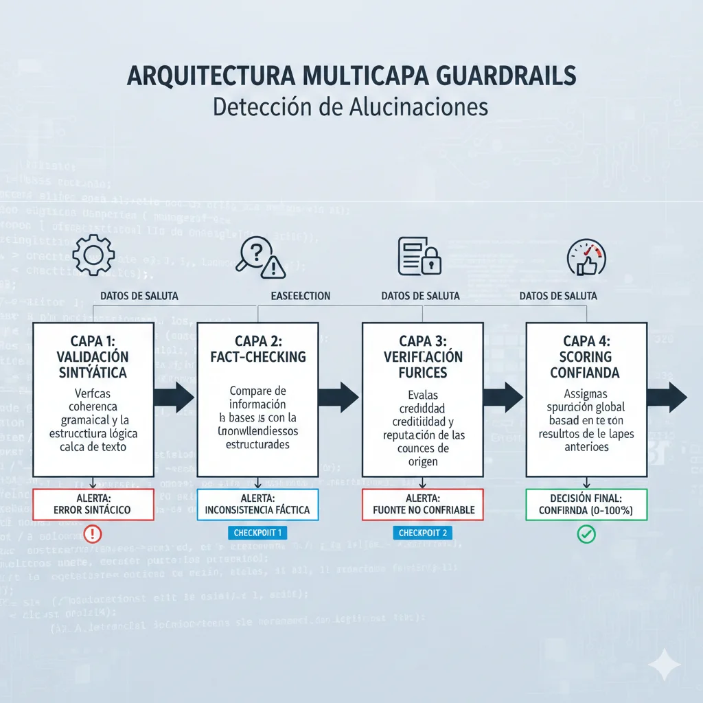 Diagrama de arquitectura de sistema de guardrails mostrando flujo: user query → LLM → guardrails validation (semantic check + source verification + confidence score) → response o re-generation