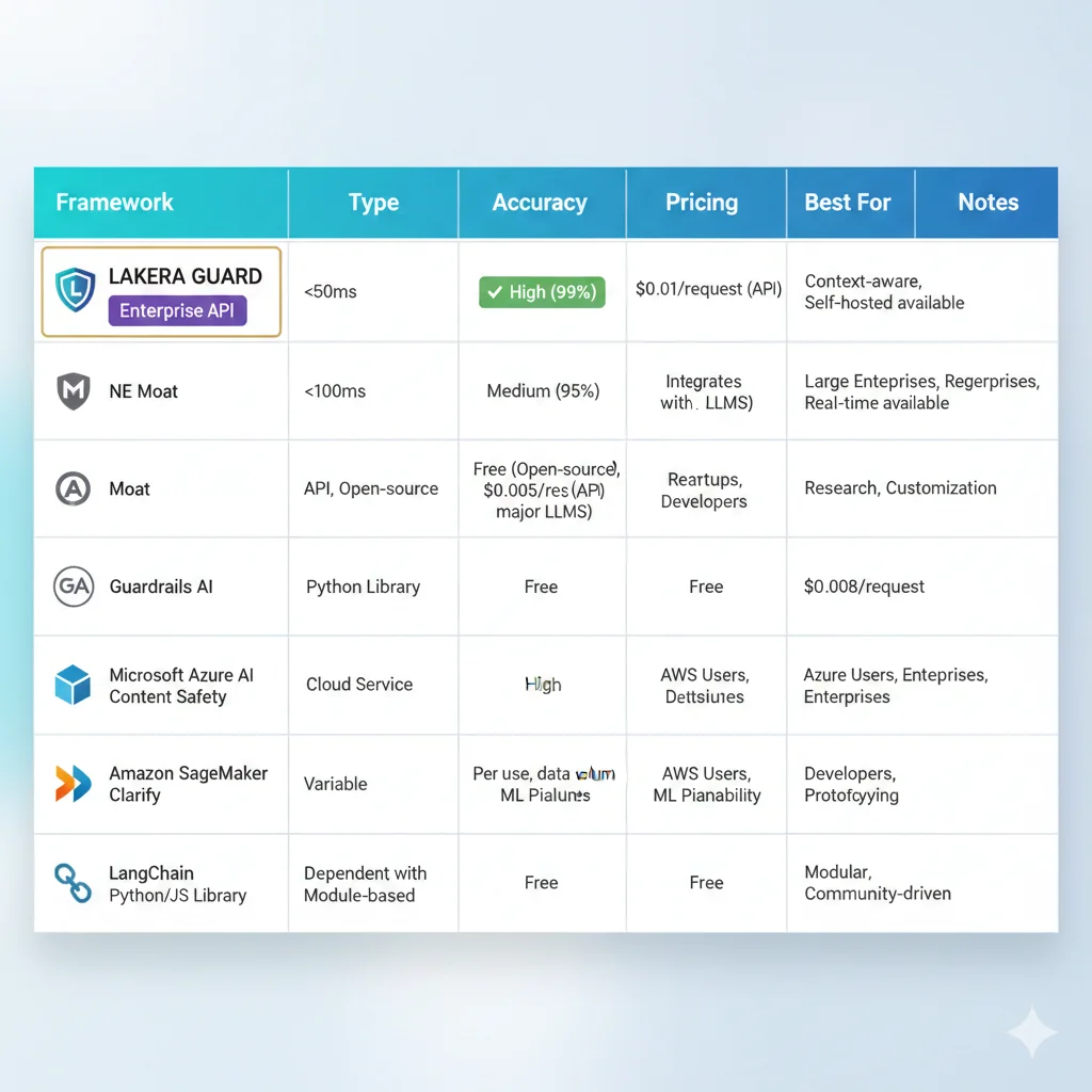 Tabla comparativa visual de frameworks de guardrails: NeMo, Guardrails AI, Lakera, AWS Bedrock, Llama Guard, Rebuff con métricas de latencia, accuracy y pricing