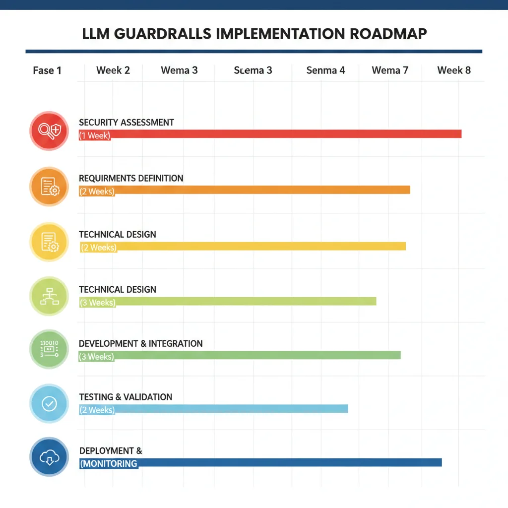 Gantt chart visual mostrando las 6 fases de implementación de guardrails con timelines: assessment (1 semana), framework selection (1 semana), architecture design (1 semana), development (2 semanas), deployment (1 semana), monitoring (continuo)