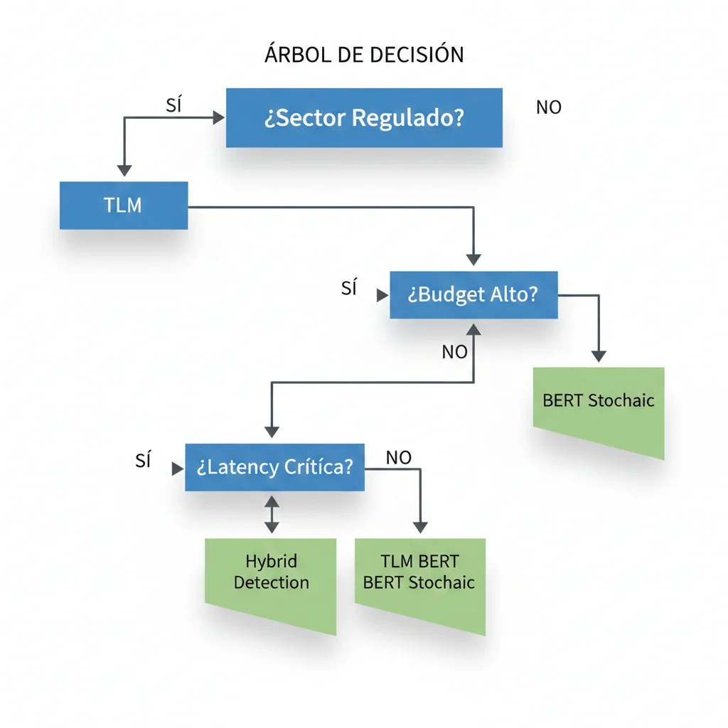 Árbol de decisión mostrando cuándo usar TLM vs Hybrid Detection vs BERT Stochastic basado en budget, latency requirements y sector