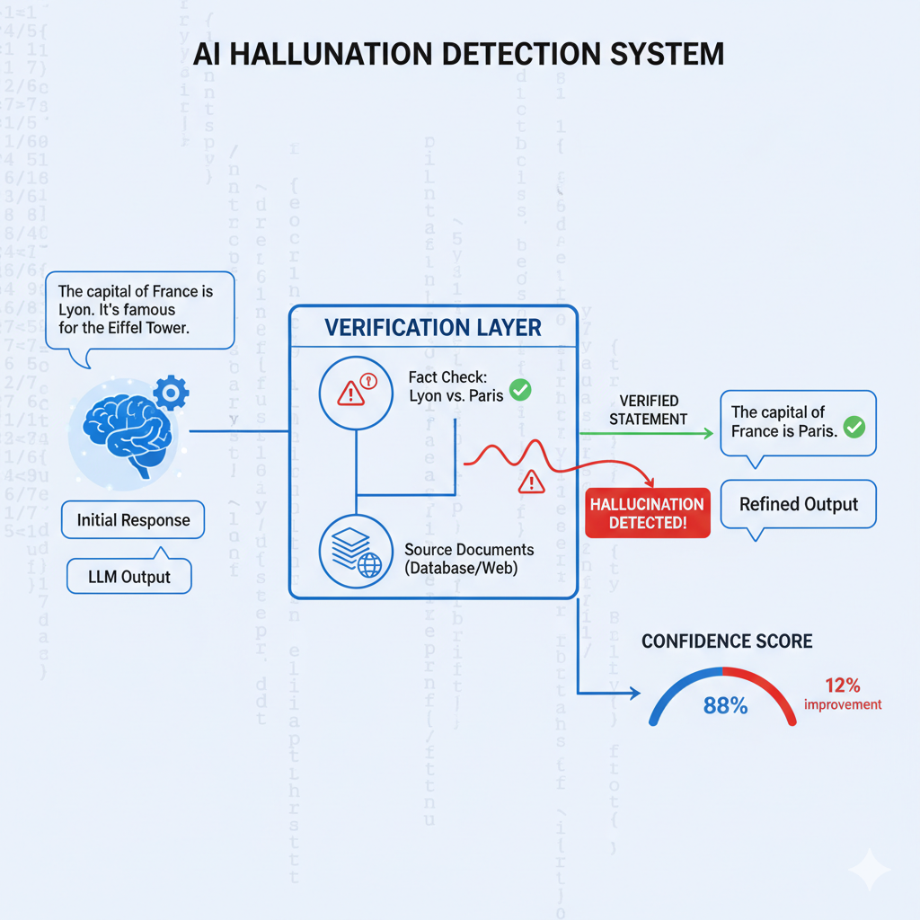 Arquitectura pipeline detección de hallucinations con LLM verifier y confidence scoring
