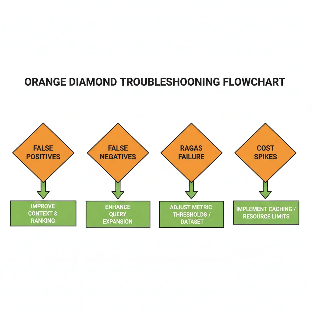 Flowchart de troubleshooting para problemas comunes de detección de alucinaciones con decisiones paso a paso