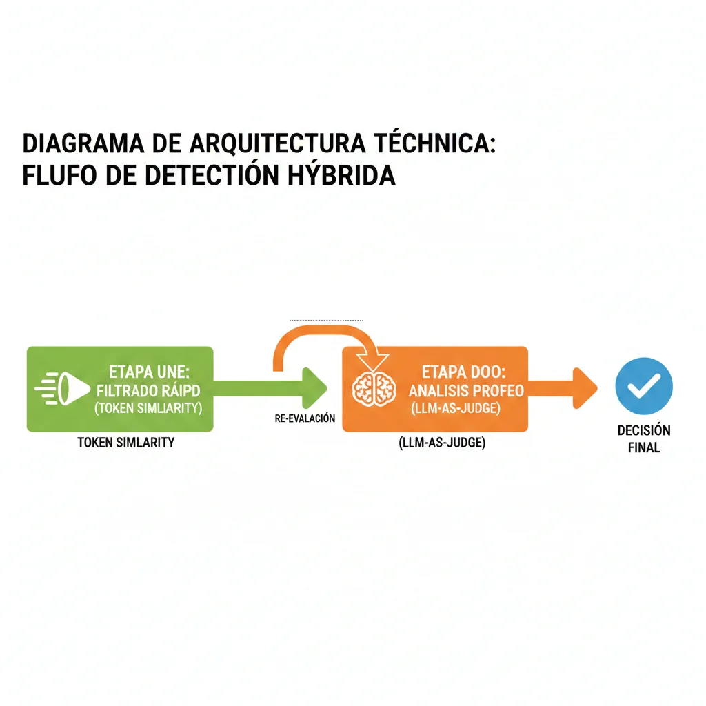 Diagrama de arquitectura Hybrid Detection mostrando flujo de dos etapas: token similarity para filtrado rápido y LLM-as-judge para casos complejos