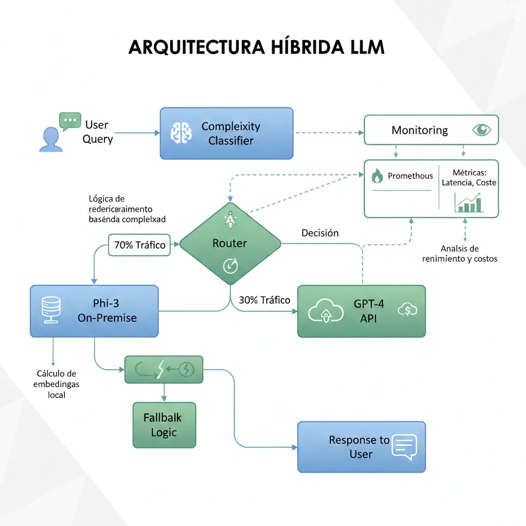 Diagrama arquitectura hybrid mostrando flow: User query → Complexity Classifier → Router (70% Phi-3 on-premise, 30% GPT-4 API) → Response con monitoring Prometheus y fallback logic