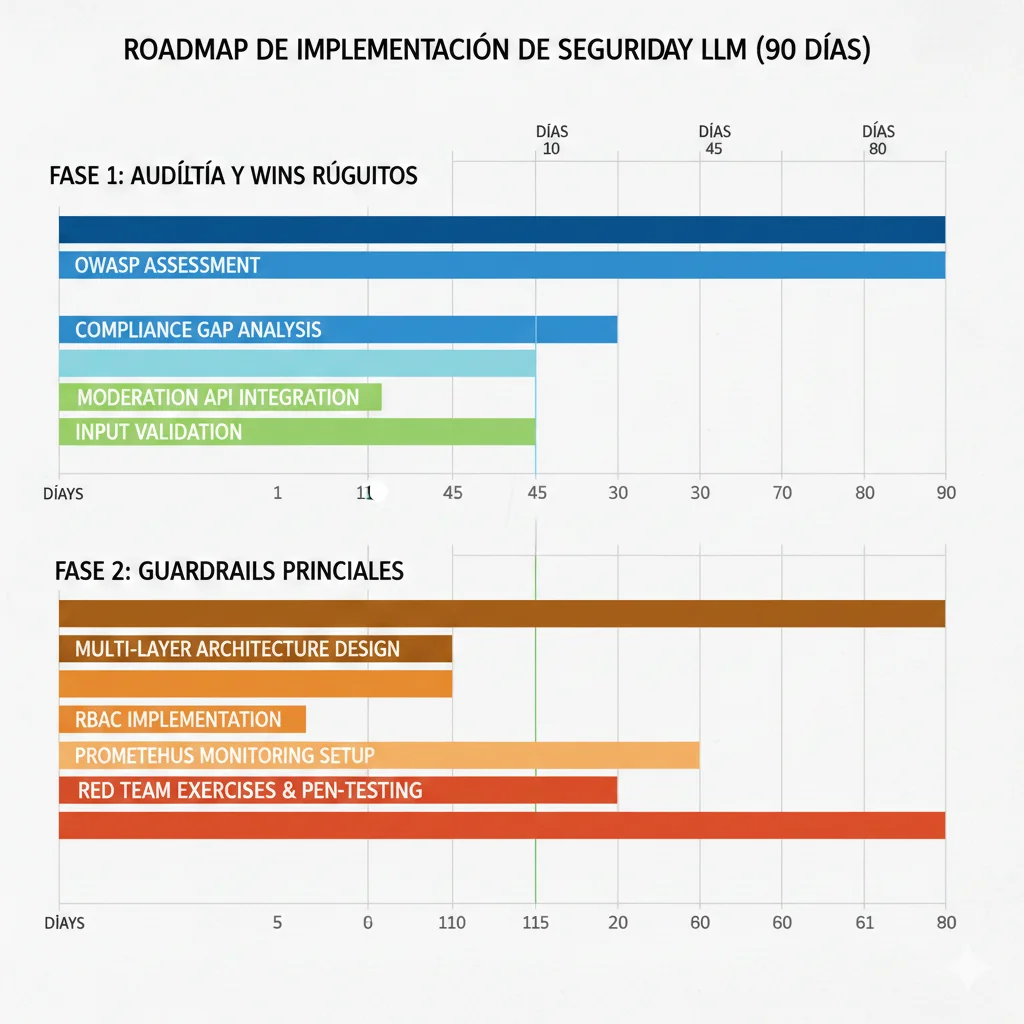 Diagrama de Gantt mostrando roadmap de 90 días para implementación de seguridad LLM dividido en 3 fases de 30 días con tasks paralelos y dependencias: audit, quick wins, guardrails, compliance, red teaming