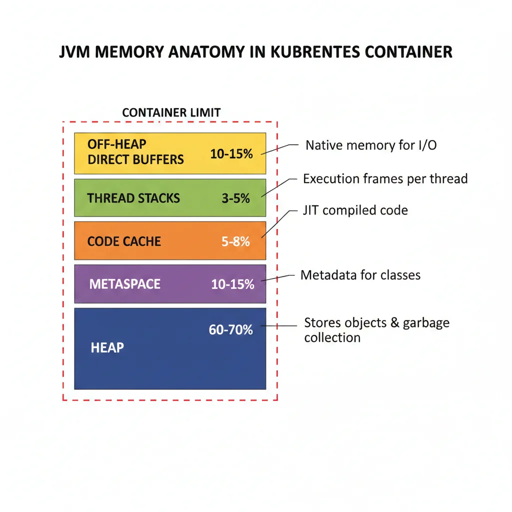 Diagrama mostrando anatomía de memoria JVM: Heap (60-70%), Non-Heap (Metaspace, Code Cache, Thread Stacks 20-25%), Off-Heap (Direct Buffers 10-15%) y relación con límites del contenedor