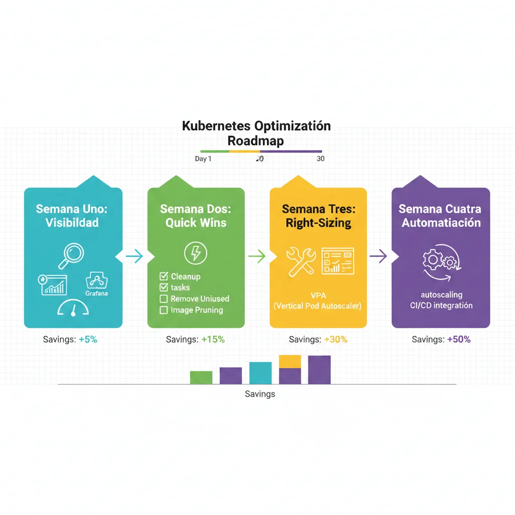 Timeline visual mostrando roadmap de 30 días: Semana 1 Visibilidad, Semana 2 Quick Wins, Semana 3 Right-Sizing, Semana 4 Automatización