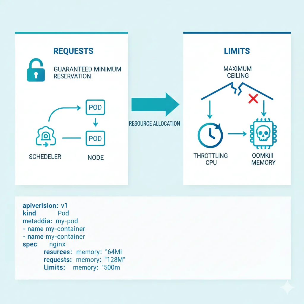 Diagrama técnico explicando diferencia entre requests y limits en Kubernetes: requests garantizan mínimo para scheduling, limits establecen máximo antes de throttling CPU u OOMKill