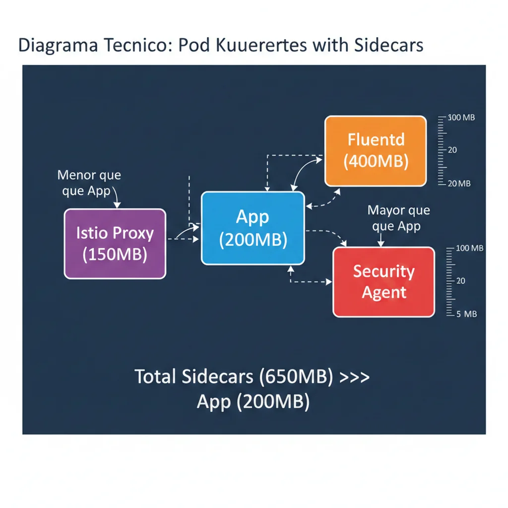 Diagrama mostrando pod con aplicación principal 200MB y 3 sidecars: Istio proxy 150MB, Fluentd 400MB, security agent 100MB - total sidecars 650MB vs app 200MB