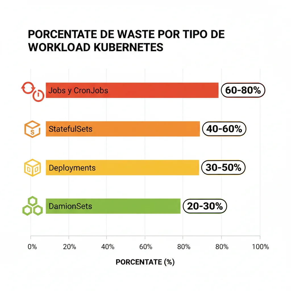 Gráfico de barras horizontales mostrando porcentaje de waste por tipo de workload: Jobs/CronJobs 60-80%, StatefulSets 40-60%, Deployments 30-50%, DaemonSets 20-30%