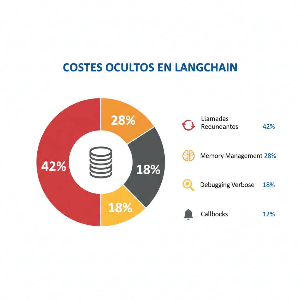 Gráfico circular mostrando desglose costes ocultos LangChain: llamadas redundantes 42%, memory management 28%, debugging verbose 18%, callbacks 12%