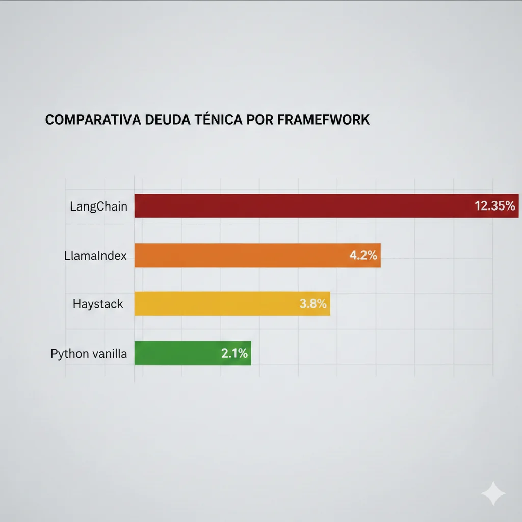 Gráfico barras comparando porcentaje deuda técnica: LangChain 12.35%, LlamaIndex 4.2%, Haystack 3.8%, Python vanilla 2.1%