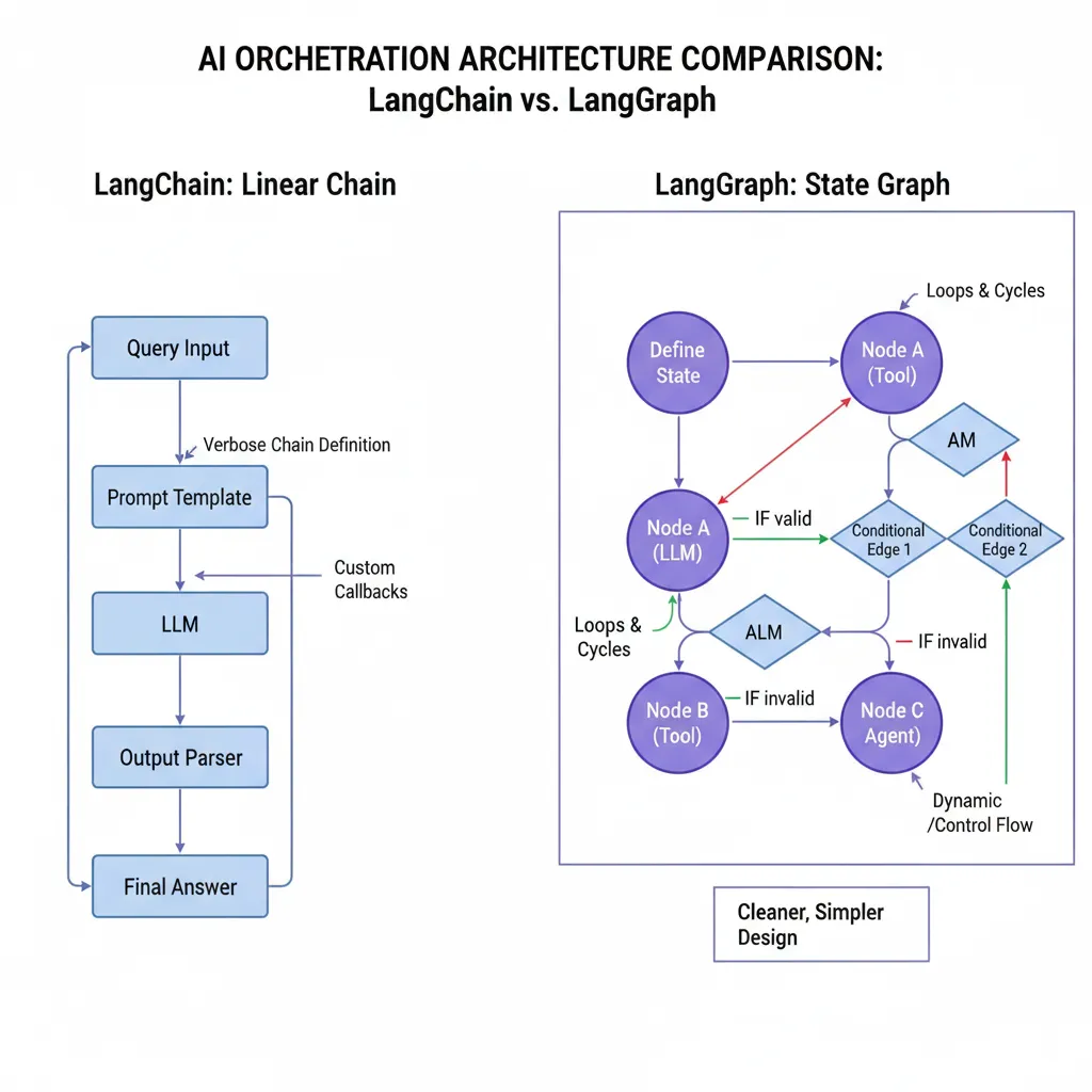 Diagrama comparativo mostrando arquitectura LangChain lineal con chains verbosos conectados secuencialmente vs LangGraph con state graph donde nodes conectan con edges condicionales permitiendo loops y routing dinámico