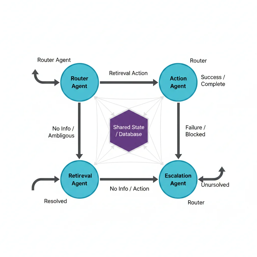 Diagrama máquina de estados LangGraph mostrando nodos de agentes, edges condicionales, y estado compartido entre agentes