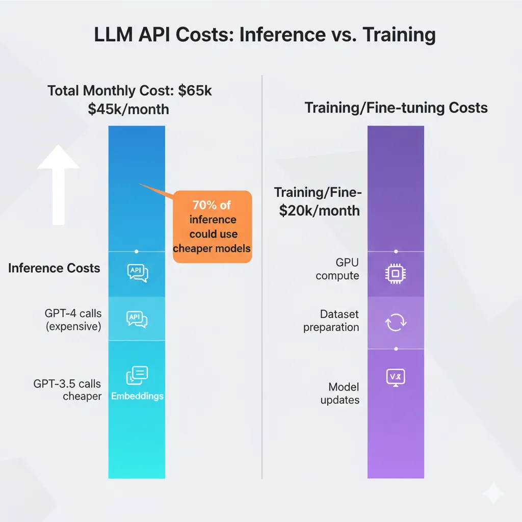Gráfico de barras comparativo mostrando costes acumulados a lo largo de 12 meses: training one-time en verde pequeño $1, inference mensual acumulado en rojo creciendo hasta $7500 anual, incluir línea de crossover en mes 3-6 donde inference supera training, estilo profesional business chart