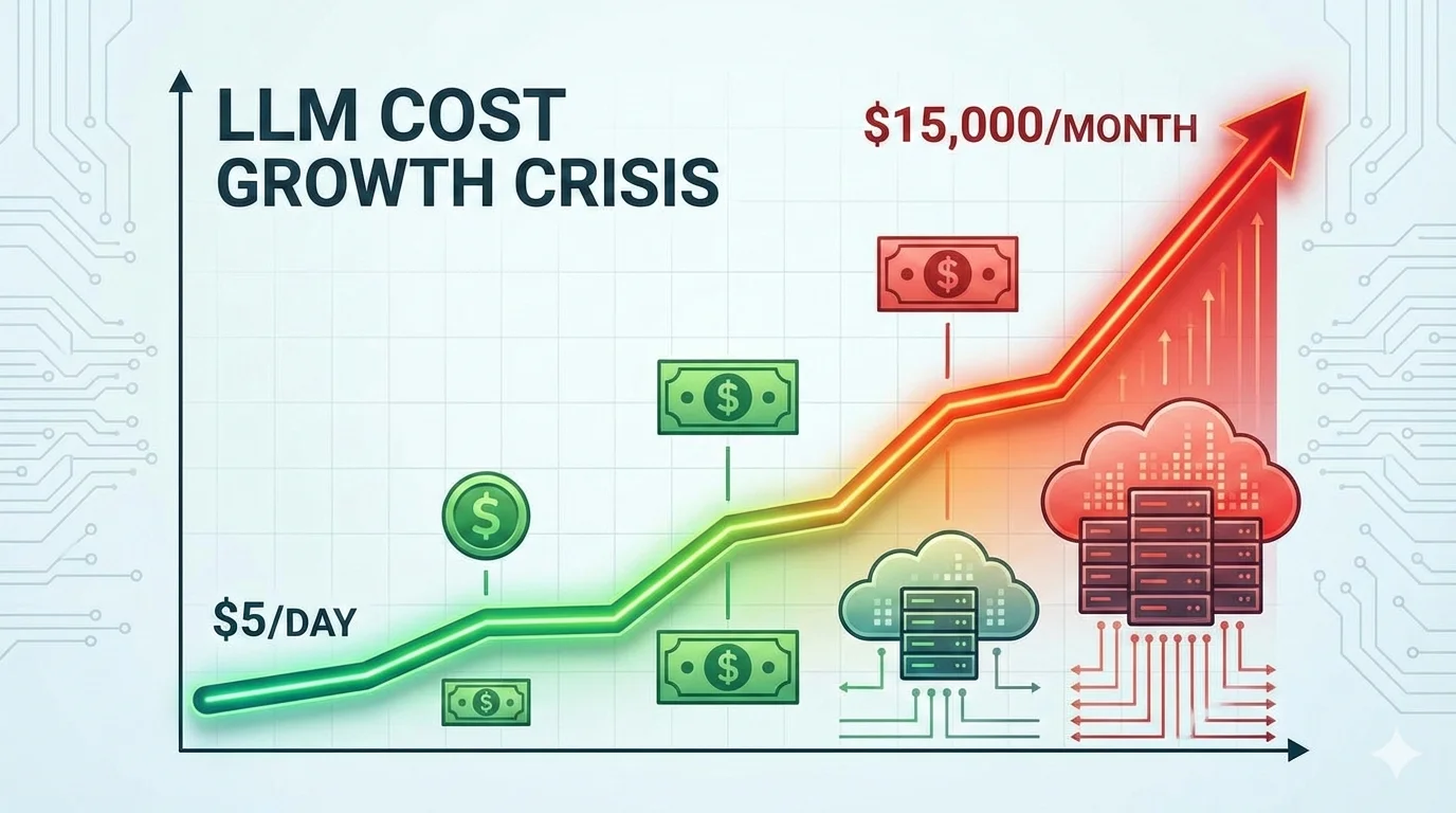 Gráfico mostrando escalada exponencial de costes LLM API versus modelo on-premise SLM con línea de break-even point en 2 millones tokens diarios