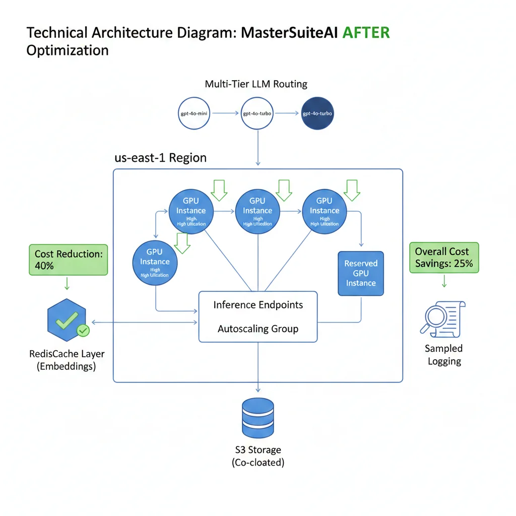 Diagrama arquitectura MasterSuiteAI DESPUÉS de optimización mostrando: 3 GPUs spot instances + 1 reserved en us-east-1, autoscaling inference, storage co-located mismo region con checkmark verde, Redis cache embeddings, routing multi-tier LLM, logs sampled, métricas de costo reducidas en verde