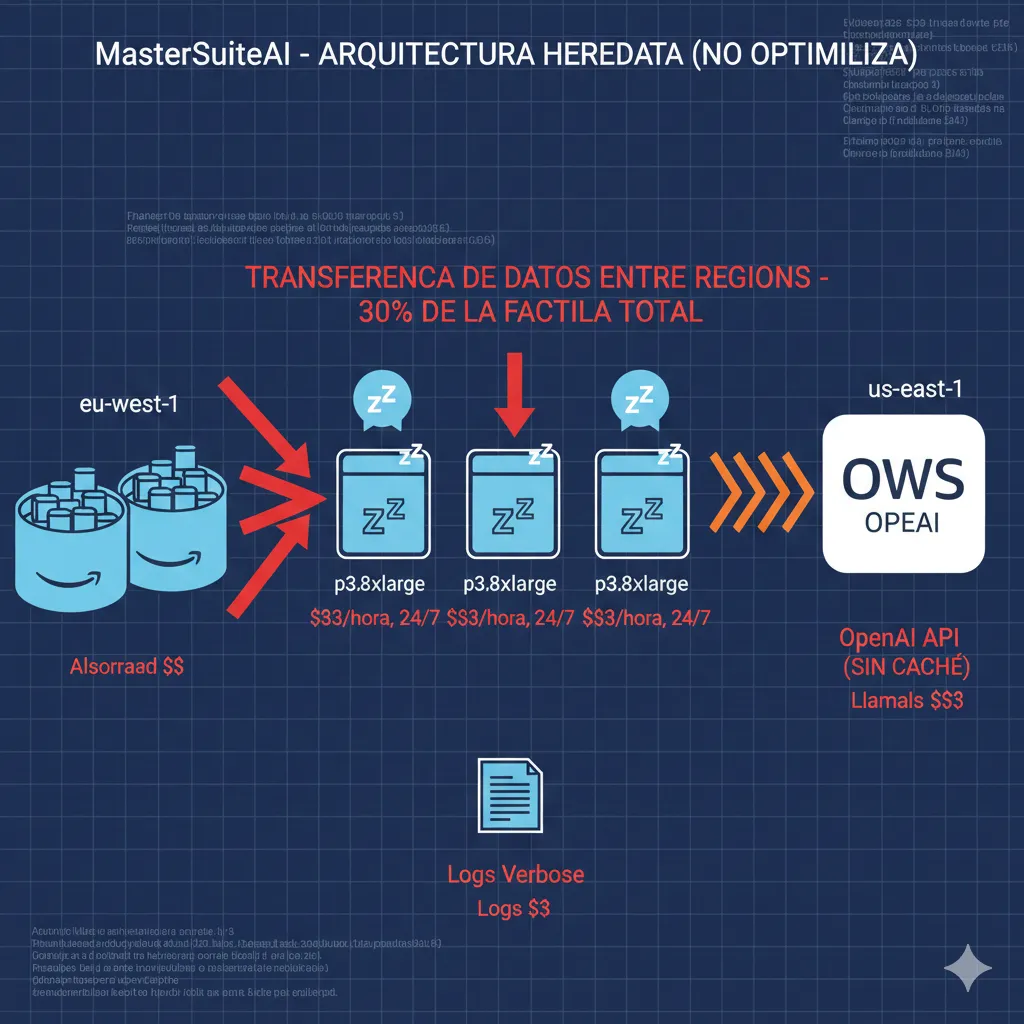 Diagrama arquitectura MasterSuiteAI ANTES de optimización mostrando: 5 GPUs p3.8xlarge en us-east-1 corriendo 24/7, storage S3 en eu-west-1 con flechas rojas indicando cross-region transfers, OpenAI API sin caching con flechas naranjas, logs verbose, incluir métricas de costo por componente en rojo