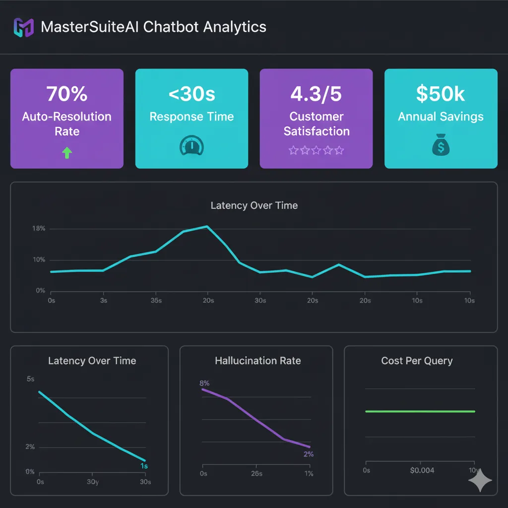 Dashboard de métricas del caso MasterSuiteAI mostrando gráficos de Auto-Resolution Rate 70%, Response Time bajo 30s, Customer Satisfaction 4.3/5, y Cost Savings $50k/año
