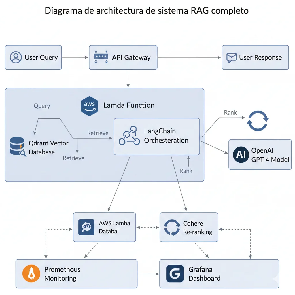 Diagrama arquitectura MasterSuiteAI chatbot RAG mostrando flujo user query a través API Gateway Lambda LangChain Qdrant vector database y OpenAI GPT-4 con monitoring Prometheus Grafana