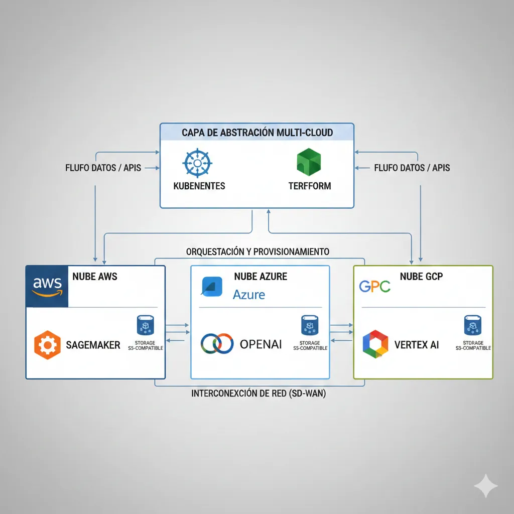 Diagrama arquitectura multi-cloud mostrando abstraction layer con Kubernetes y Terraform orquestando recursos en AWS SageMaker, Azure OpenAI y GCP Vertex AI simultáneamente