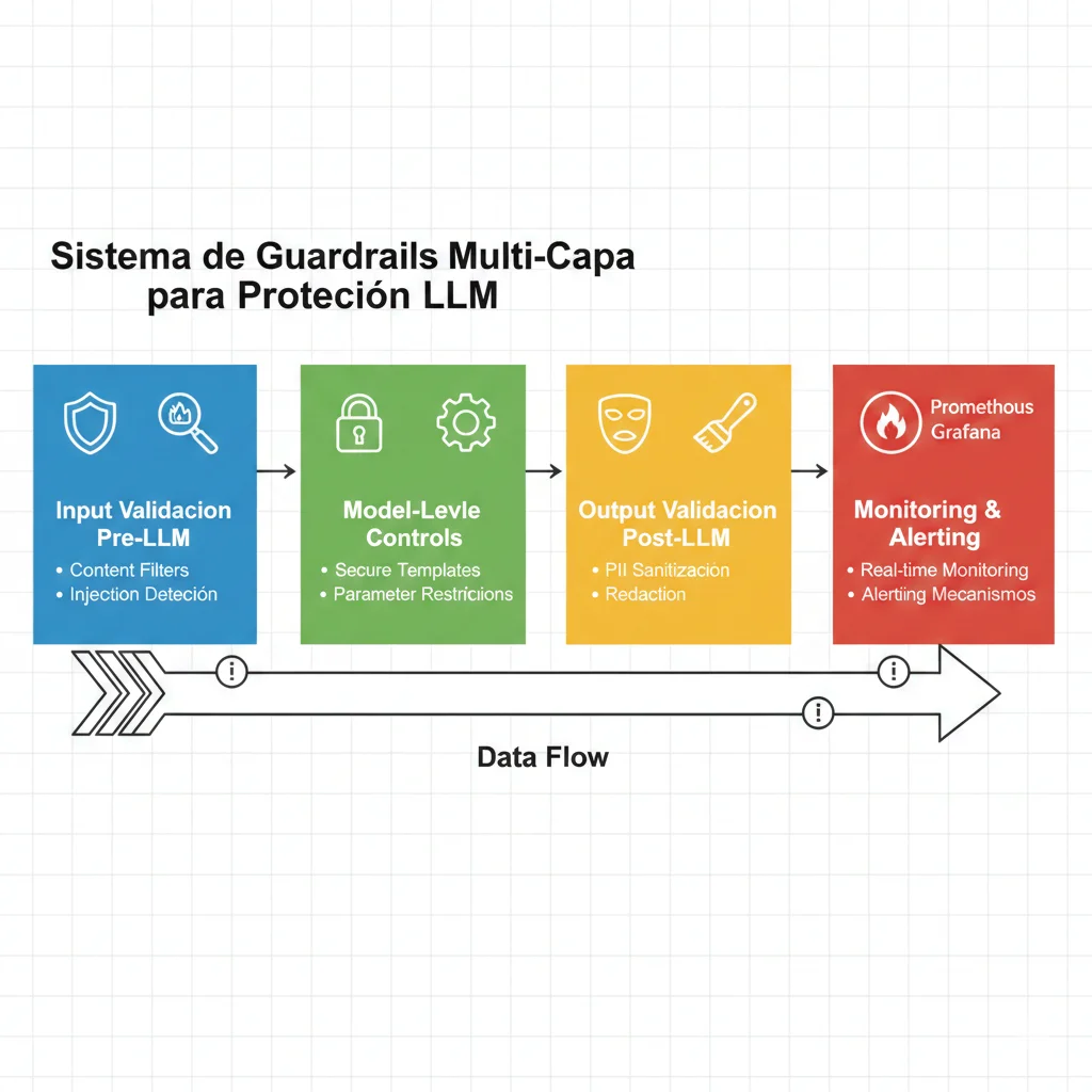 Diagrama de arquitectura técnica multi-capa para guardrails LLM mostrando 4 layers: input validation pre-LLM, model-level controls, output validation post-LLM y monitoring/alerting con flujo de datos y puntos de intervención