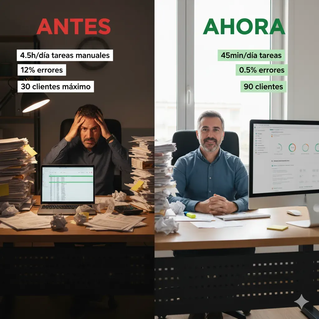 Comparativa antes/después: gestor manual con pilas papeles vs gestor con dashboard moderno, métricas de mejora 99.5% accuracy, -85% tiempo, 3x capacidad