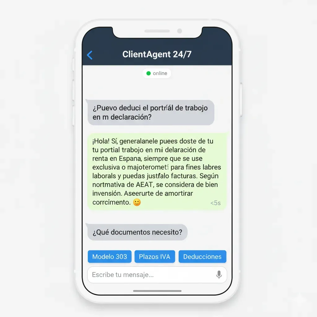Interfaz chat ClientAgent estilo WhatsApp - conversación IA respondiendo consulta fiscal en español con tiempo respuesta menor a 5 segundos