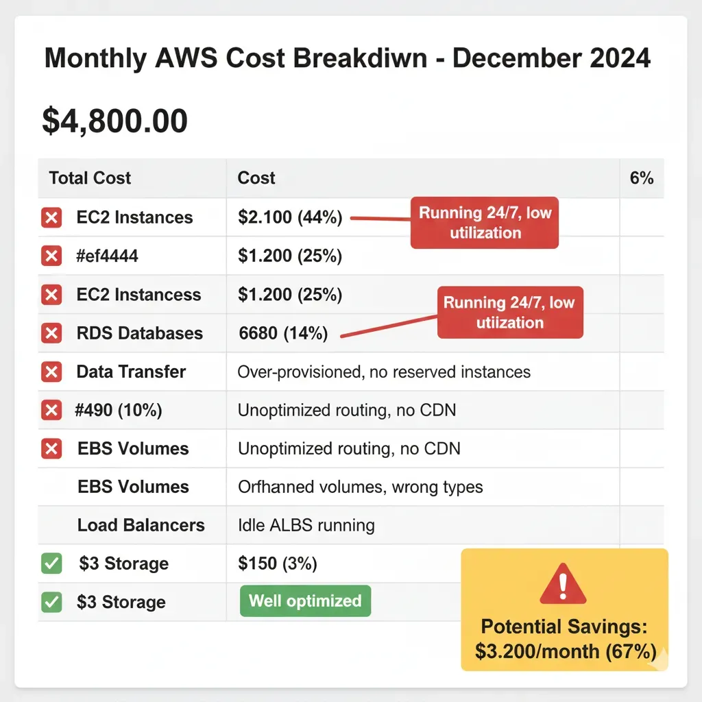 Factura AWS anotada: EC2 $2,100 over-provisioned, RDS $1,200 sin reserved instances, Total $4,800 con potential savings