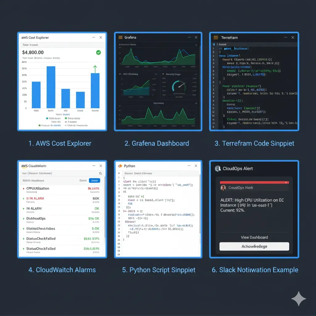 Herramientas FinOps: AWS Cost Explorer, Grafana Dashboard, Terraform code, CloudWatch Alarms, Python scripts, Slack notifications